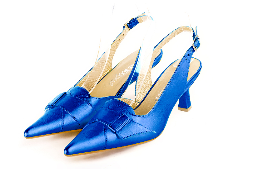 Electric blue women's slingback shoes. Pointed toe. Medium spool heels. Front view - Florence KOOIJMAN